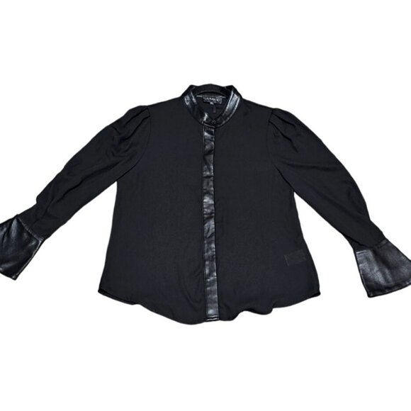 Gracia Black Button-Up Top With Faux Leather Details & Flared Sleeves - Size S - Picture 10 of 12